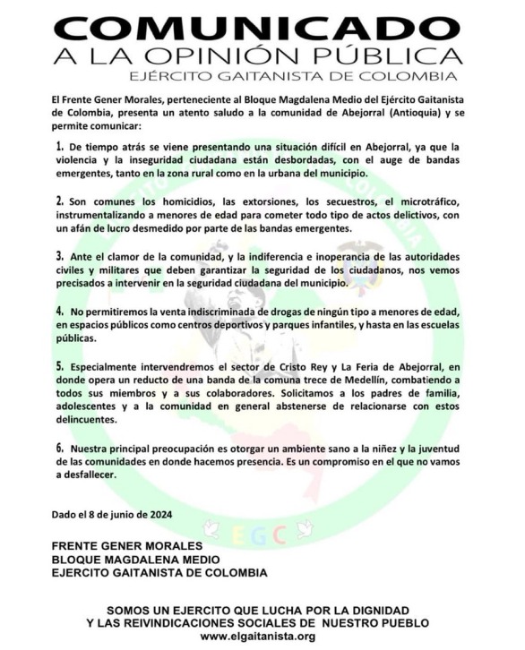 A través de panfleto Clan del Golfo declara